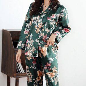 Satin Silk Green Floral Pajama Set